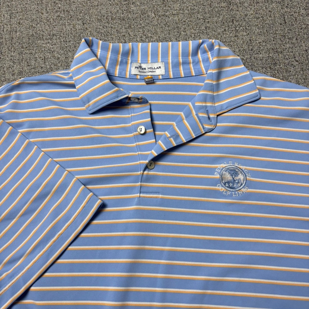 Pebble Beach Peter Millar Polo Shirt Mens XL Summer Comfort Blue Stripe Golf